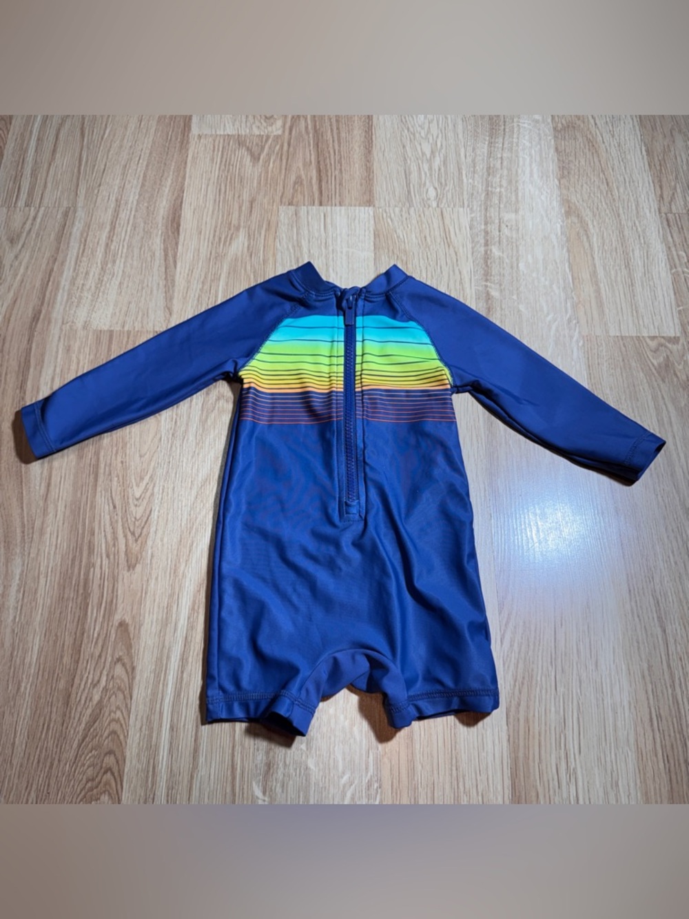 Kids Long-Sleeve Navy One-Piece Swim Suit with Rainbow Stripes